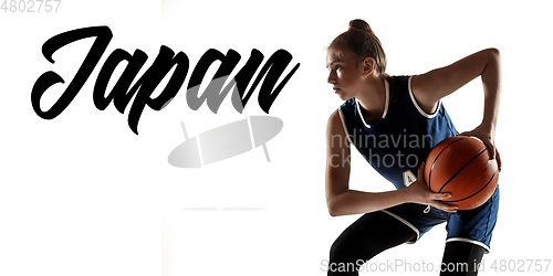 Image of Young caucasian female basketball player on white studio background, Tokyo