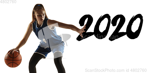 Image of Young caucasian female basketball player on white studio background