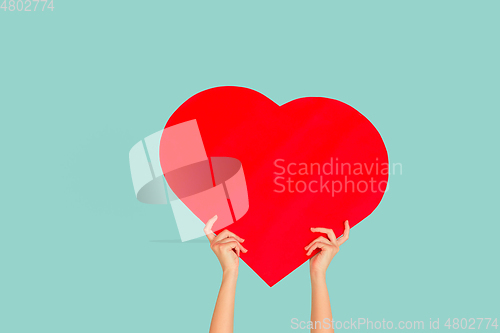 Image of Hands holding the sign of heart on blue studio background