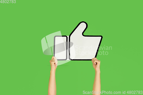 Image of Hands holding the sign of like on green studio background