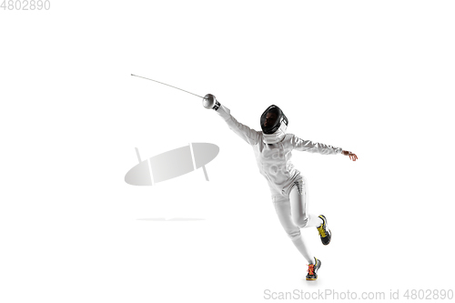 Image of Teen girl in fencing costume with sword in hand isolated on white background