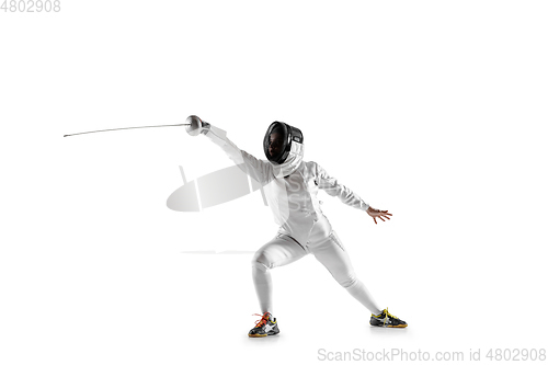 Image of Teen girl in fencing costume with sword in hand isolated on white background