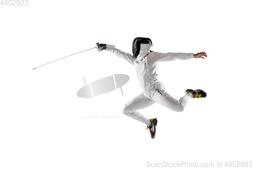 Image of Teen girl in fencing costume with sword in hand isolated on white background