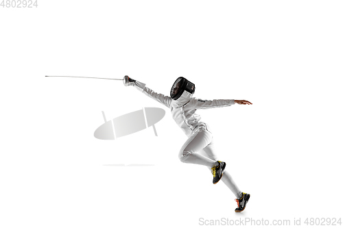 Image of Teen girl in fencing costume with sword in hand isolated on white background