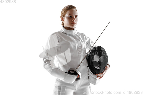 Image of Teen girl in fencing costume with sword in hand isolated on white background