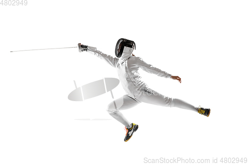 Image of Teen girl in fencing costume with sword in hand isolated on white background