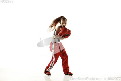 Image of Young female kickboxing fighter training isolated on white background