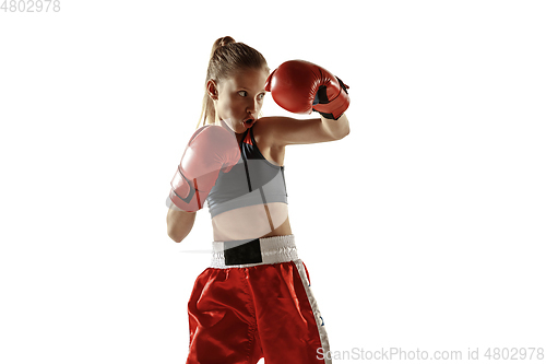 Image of Young female kickboxing fighter training isolated on white background