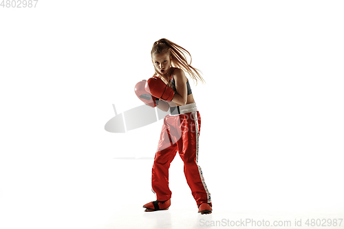 Image of Young female kickboxing fighter training isolated on white background