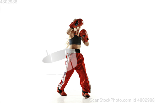 Image of Young female kickboxing fighter training isolated on white background