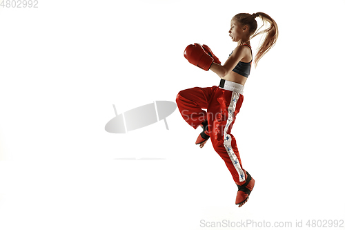 Image of Young female kickboxing fighter training isolated on white background