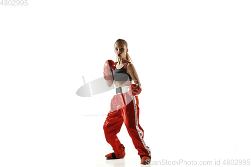 Image of Young female kickboxing fighter training isolated on white background