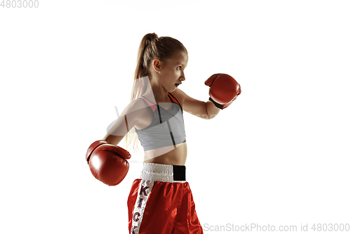 Image of Young female kickboxing fighter training isolated on white background