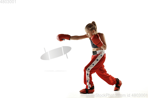 Image of Young female kickboxing fighter training isolated on white background