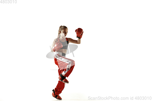 Image of Young female kickboxing fighter training isolated on white background