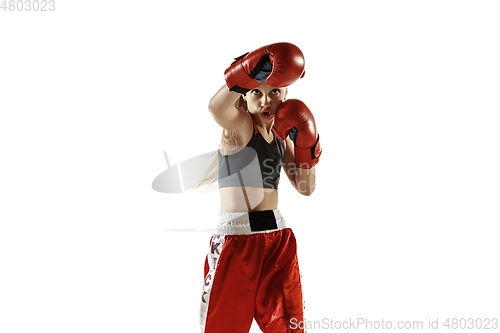 Image of Young female kickboxing fighter training isolated on white background