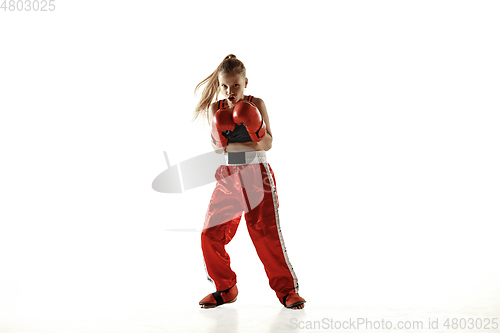 Image of Young female kickboxing fighter training isolated on white background