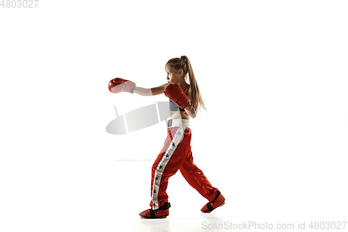 Image of Young female kickboxing fighter training isolated on white background