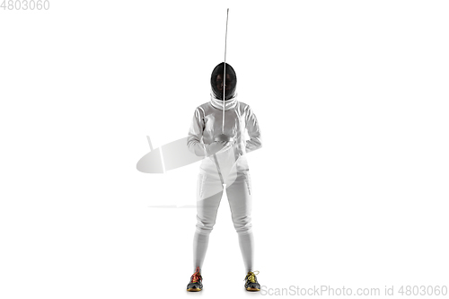 Image of Teen girl in fencing costume with sword in hand isolated on white background