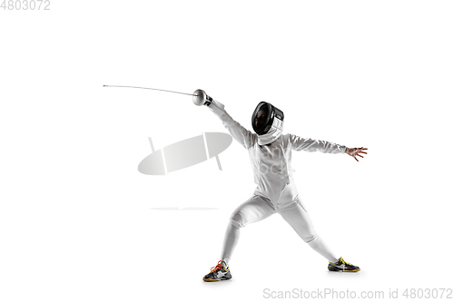 Image of Teen girl in fencing costume with sword in hand isolated on white background