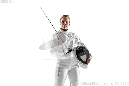 Image of Teen girl in fencing costume with sword in hand isolated on white background