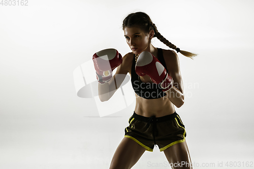 Image of Fit caucasian woman in sportswear boxing isolated on white studio background