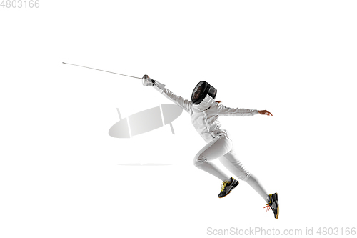 Image of Teen girl in fencing costume with sword in hand isolated on white background