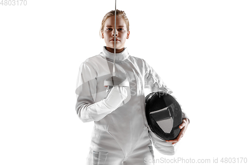 Image of Teen girl in fencing costume with sword in hand isolated on white background