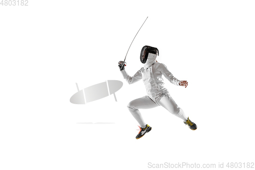 Image of Teen girl in fencing costume with sword in hand isolated on white background