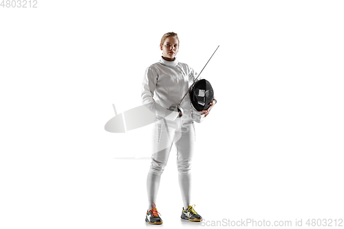 Image of Teen girl in fencing costume with sword in hand isolated on white background