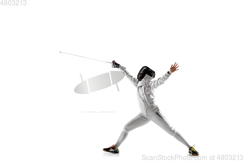 Image of Teen girl in fencing costume with sword in hand isolated on white background