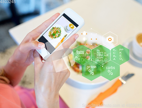 Image of hands with food on smartphone screen at restaurant