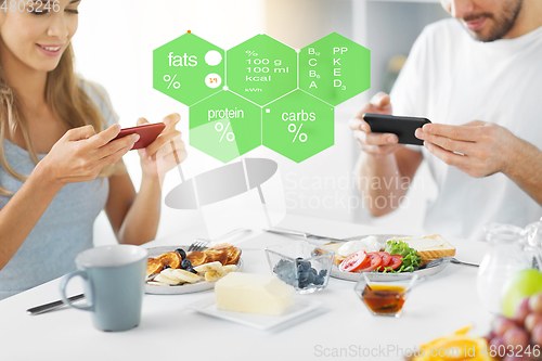 Image of couple with smartphones having breakfast at home