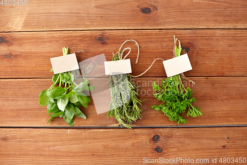 Image of greens, spices or medicinal herbs on wooden boards