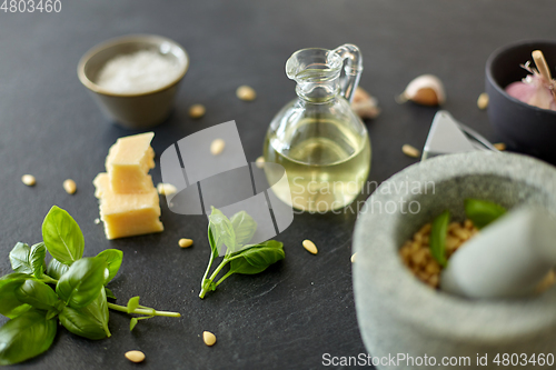 Image of ingredients for basil pesto sauce on stone table