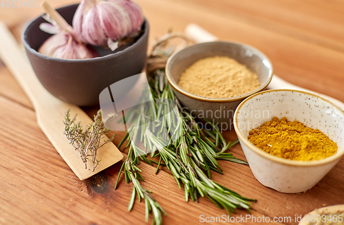 Image of spices, rosemary, wooden spatula and garlic