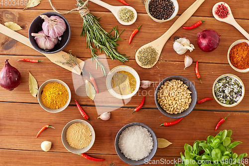 Image of spices, onion, garlic, pine nuts and chili peppers