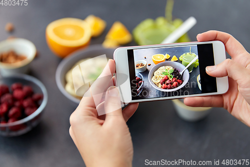 Image of hands taking picture of breakfast with smartphone