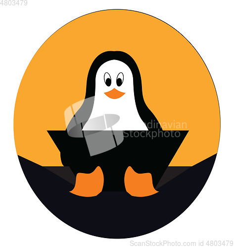 Image of Cute little penguin working on a laptop at its lap vector or col