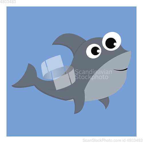 Image of Grey-colored cartoon shark over blue background with bulging eye