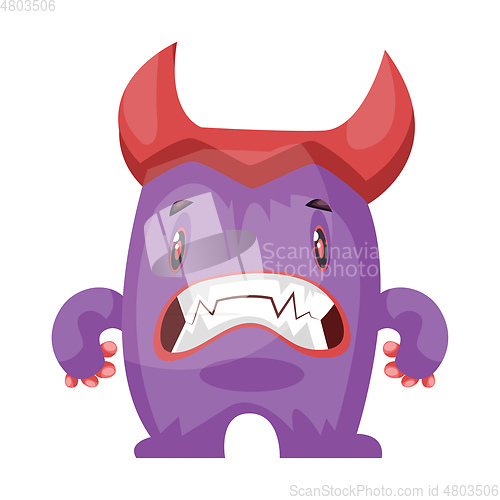 Image of Scared purple monster with big red horns white background vector