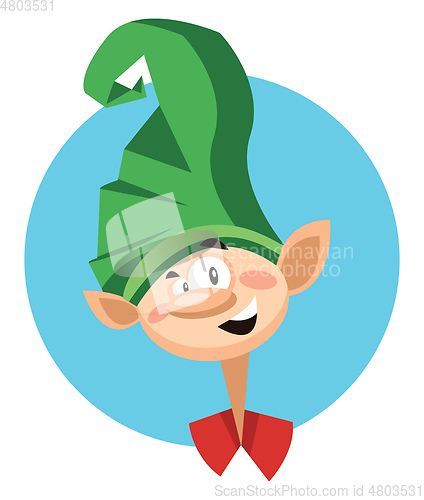 Image of Christmas joker with big green hat inside blue circle vector ill