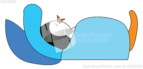 Image of A cute cartoon penguin taking a nap in his blue color bed vector