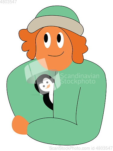 Image of A girl wearing a beautiful green hat jacket and a cute penguin p