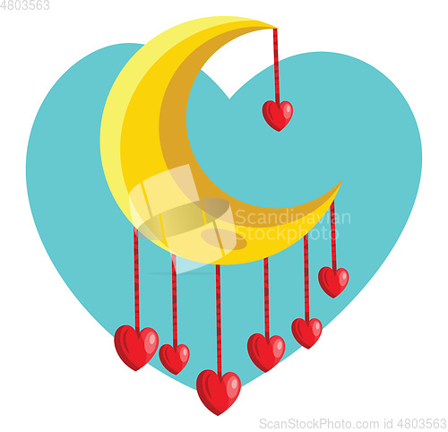 Image of Red hearts hanging from yellow new moon vector illustration in a