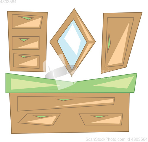 Image of A wooden bathroom dressing shelf with a diamond shape mirror vec