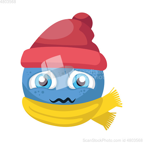 Image of Blue sick emoji with red hat and yellow scarf vector illustratio