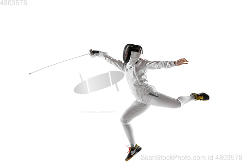 Image of Teen girl in fencing costume with sword in hand isolated on white background