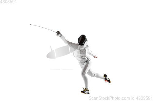 Image of Teen girl in fencing costume with sword in hand isolated on white background