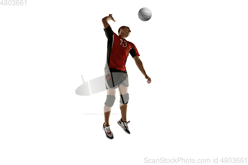 Image of Young caucasian volleyball player placticing isolated on white background